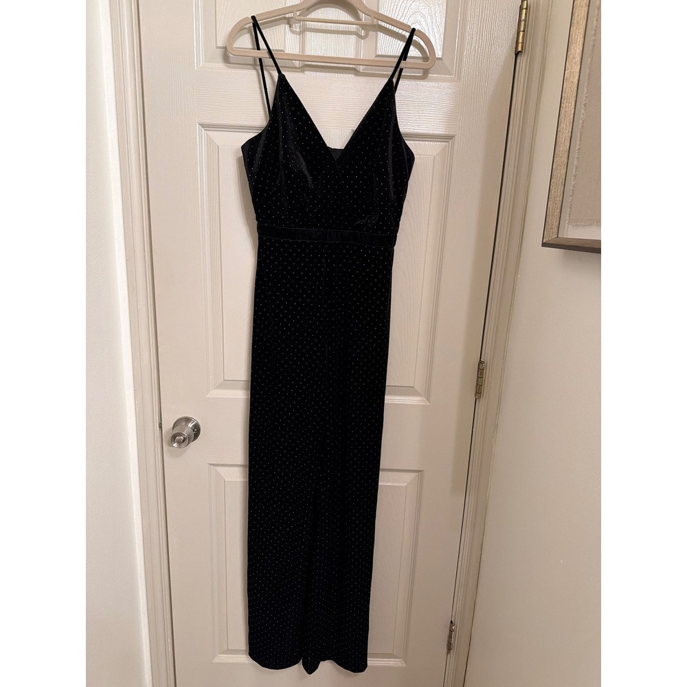 ML Monique Lhuillier Black Velvet Gold Studded Wide Leg Jumpsuit Size 6